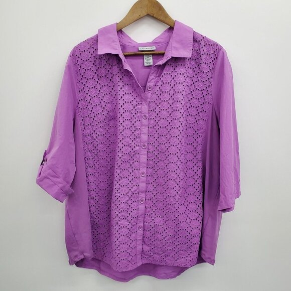 Catherines Womens Purple Eyelet Button Up Shirt Top Plus Size 1X Roll Tab Sleeve - Picture 3 of 14